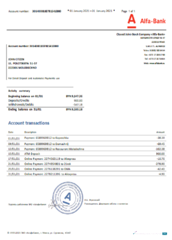 Download Belarus Alfa bank statement excel Photoshop template